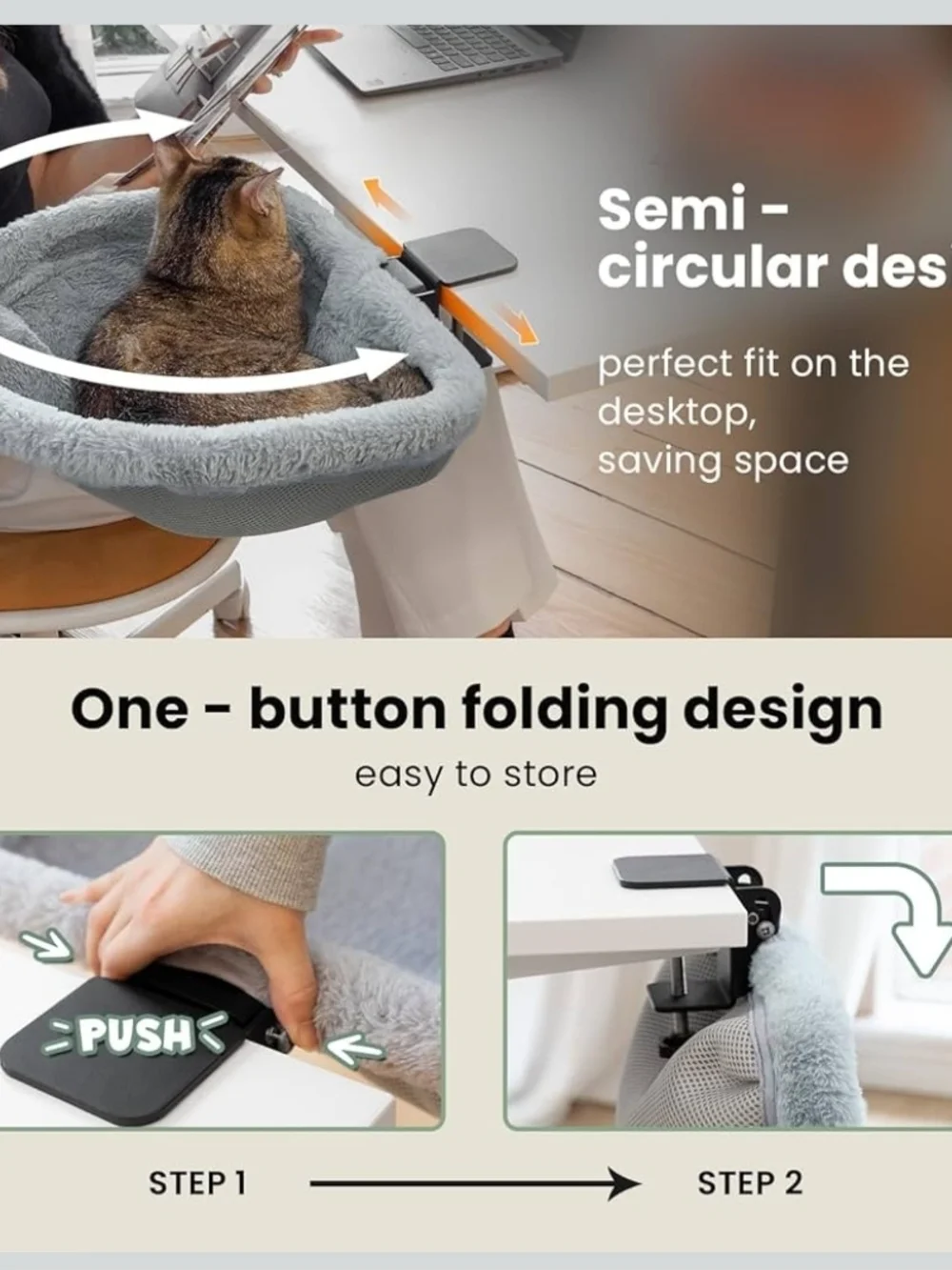 Cat Desk Bed - One-Click Folding,Sunken Design & Space-Saving Semi-Circular Cat